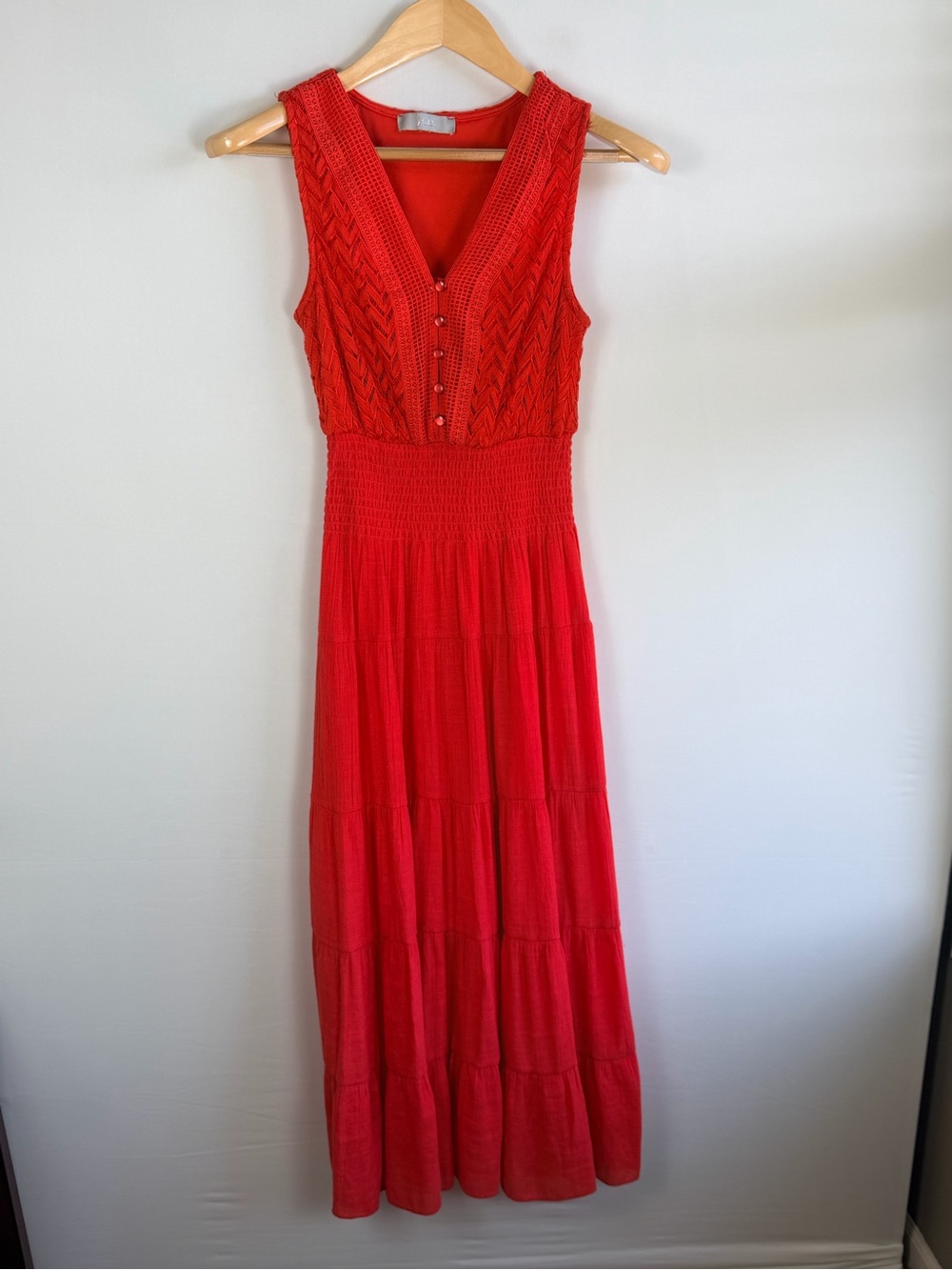 J Gee Coral Red Crochet Lace Smocked Maxi Dress Medium